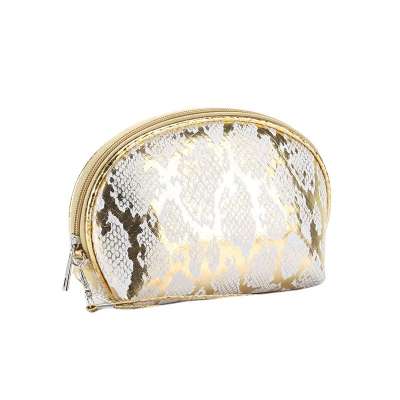 Factory Fashion Custom Logo Large Golden White Metallic Snakeprint Shell Makeup Bag for Promotion