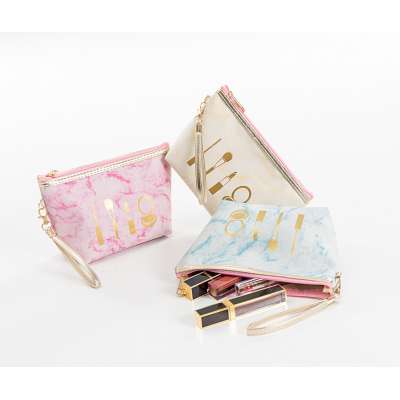 Fashion soft pu marble look Pouch With Handle Portable Travel Cosmetic Bag for Women